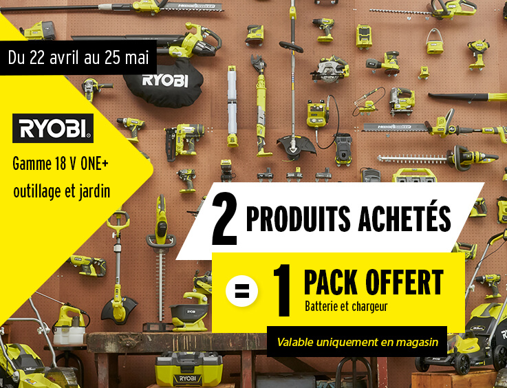 Promotion TTI RYOBI ONE PLUS 2 produits achetés = 1 pack offert (batterie et chargeur)