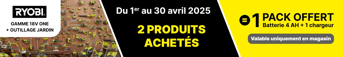 Promotion TTI RYOBI ONE PLUS 2 produits achetés = 1 pack offert (batterie et chargeur)