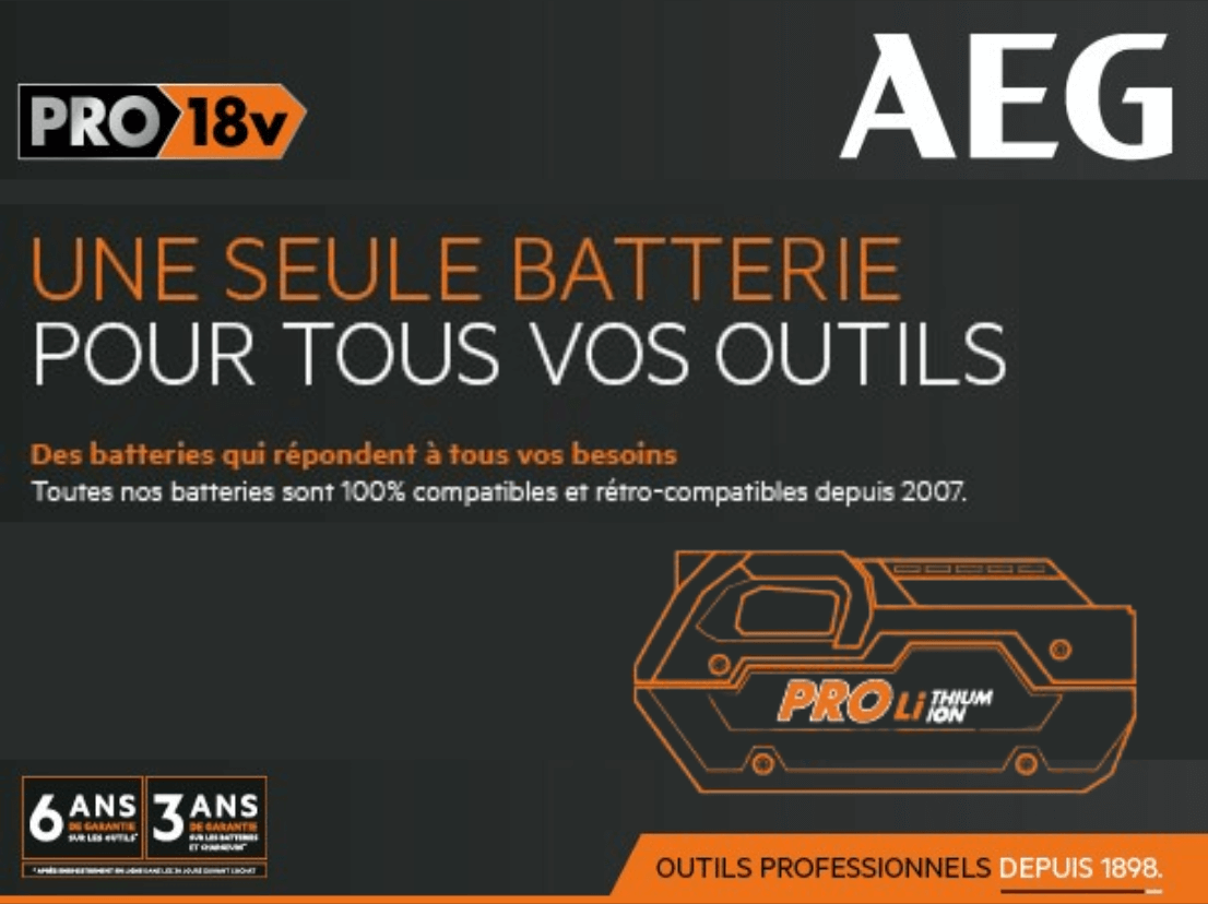 Bannière promotionnelle AEG PRO18V une seule batterie pour tous vos outils