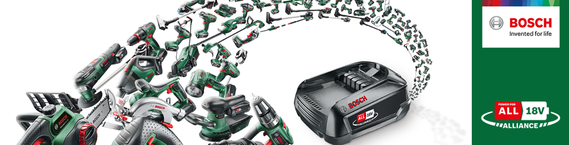 Bannière promotionnelle Bosch power for all une seule batterie pour tous vos outils
