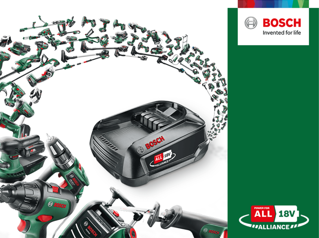 Bannière promotionnelle Bosch power for all une seule batterie pour tous vos outils