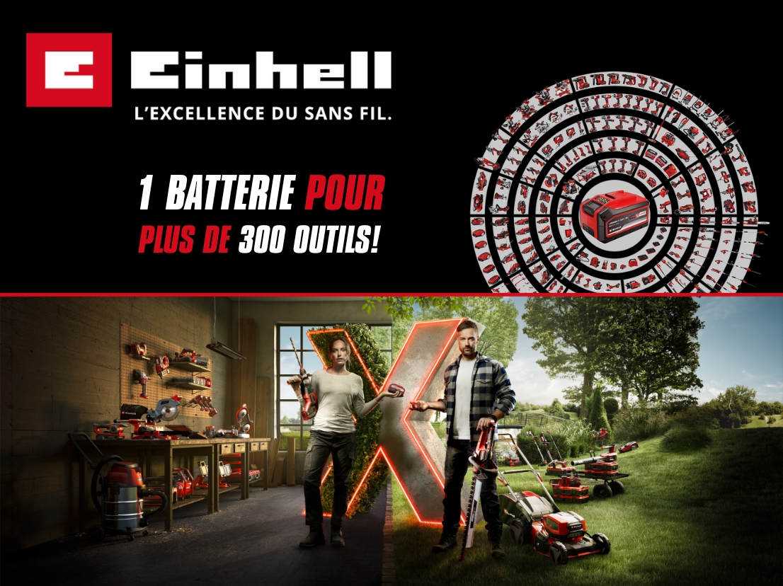 Bannière promotionnelle Einhell power x change une seule batterie pour tous vos outils
