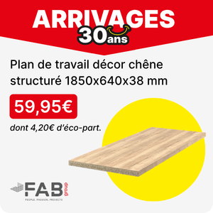 Plan de travail d&eacute;cor ch&ecirc;ne structur&eacute; 1850 x 640 x 38 mm FAB