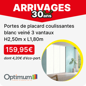 Portes de placard coulissantes blanc vein&eacute; 3 vantaux H 2,50 m x L 1,80 m OPTIMUM
