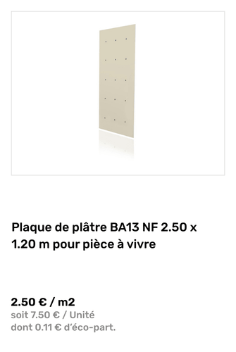 Plaque de pl&acirc;tre BA13 NF 2.50 x 1.20 m pour pi&egrave;ce &agrave; vivre