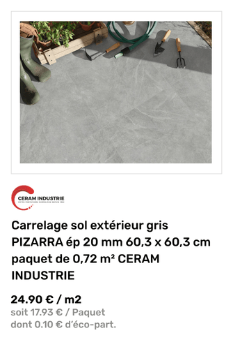 Carrelage sol ext&eacute;rieur gris PIZARRA &eacute;p 20 mm 60,3 x 60,3 cm paquet de 0,72 m&sup2; CERAM INDUSTRIE