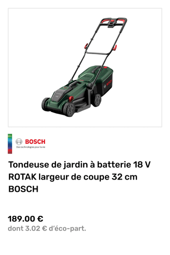 Tondeuse de jardin &agrave; batterie 18 V ROTAK largeur de coupe 32 cm BOSCH