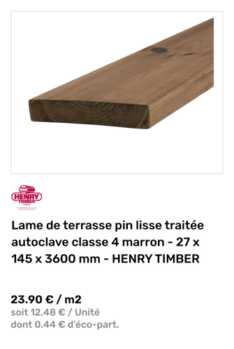 LAME DE TERRASSE PIN LISSE TRAITEE AUTOCLAVE CLASSE 4 MARRON - 27 X 145 X 3600 MM - HENRY TIMBER