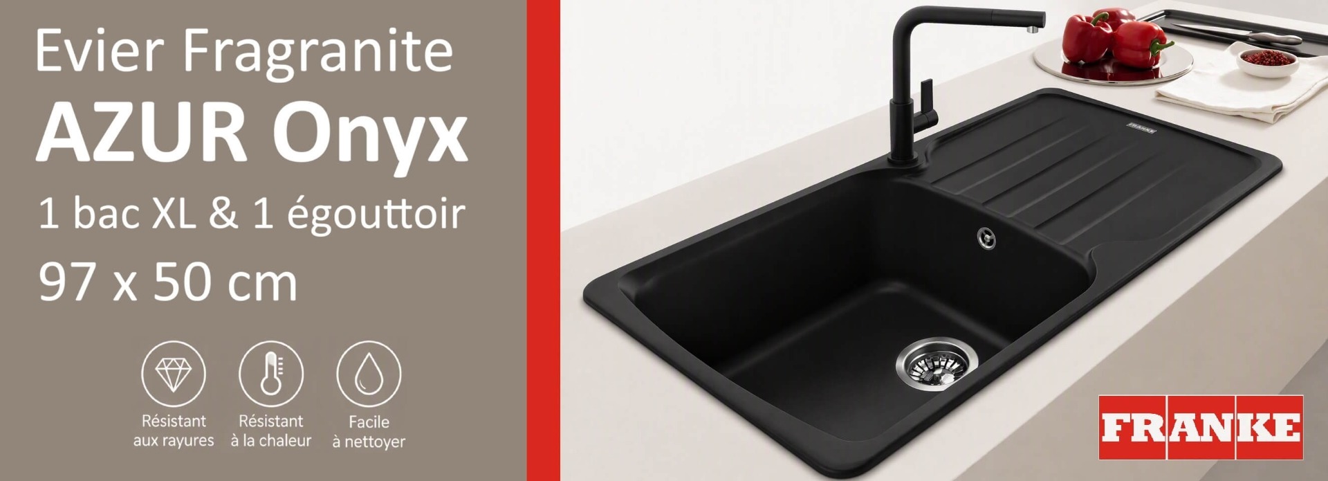 D&eacute;couvrez l'Evier de cuisine fragranit noir onyx 97x50 cm 1 bac 1 egouttoir Azur - FRANKE en offre 30 ans du 2 au 18 octobre 2026