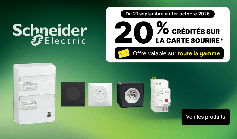 Découvrez notre offre 20% crédités sur la carte de fidélité sur toute la gamme SCHNEIDER ELECTRIC du 21/09 au 01/10