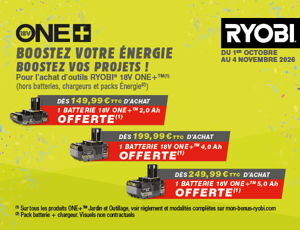 Pour l’achat d’un produit Ryobi éligible, Recevez votre batterie supplémentaire