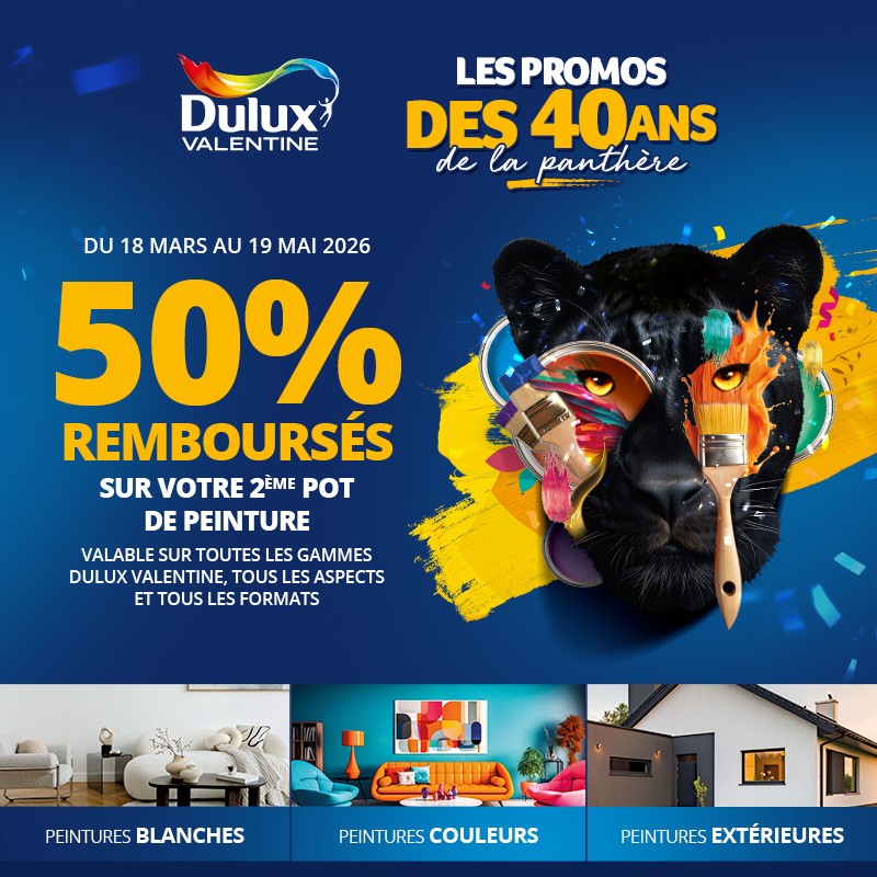 50% rembours&eacute;s sur votre 2e pot de peinture Dulux Valentine &eacute;ligible