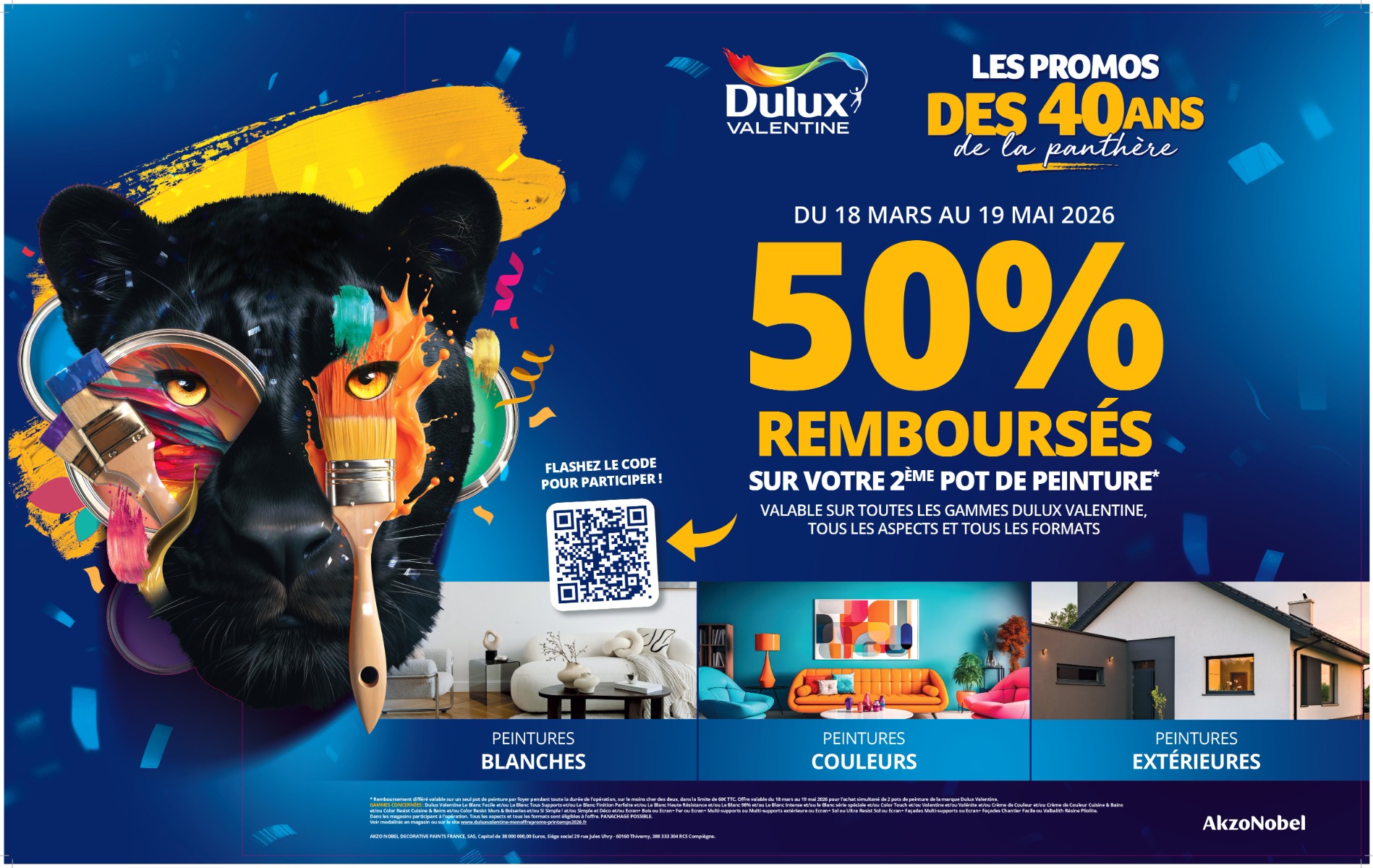 50% rembours&eacute;s sur votre 2e pot de peinture Dulux Valentine &eacute;ligible