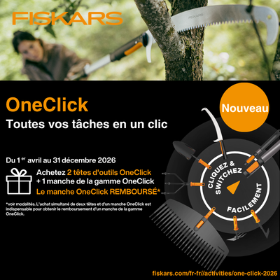  Votre manche OneClick rembours&eacute;, pour l'achat d'un  manche OneClick et de 2 t&ecirc;tes d'outils FISKARS
