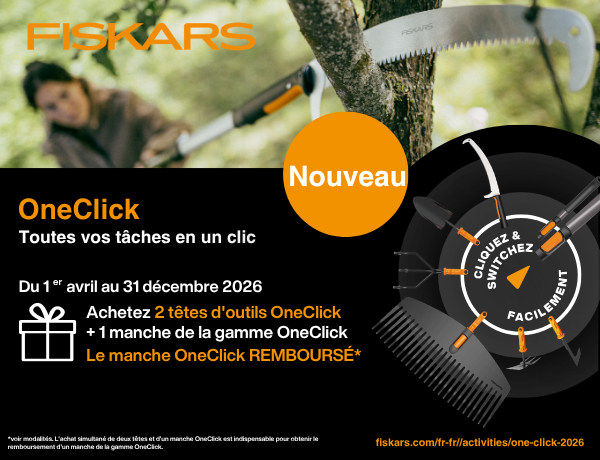  Votre manche OneClick rembours&eacute;, pour l'achat d'un  manche OneClick et de 2 t&ecirc;tes d'outils FISKARS