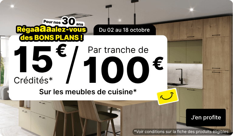Op&eacute;ration "Souriez l'Entrep&ocirc;t f&ecirc;te ses 30 ans" sp&eacute;ciale cuisine du 2 au 18 octobre 2026 ! C&rsquo;est le moment de concr&eacute;tiser votre projet cuisine ! Tous les 100&euro; d&rsquo;achat, 15&euro; sont cr&eacute;dit&eacute;s sur votre carte de fid&eacute;lit&eacute; sur une s&eacute;lection de meubles de cuisine