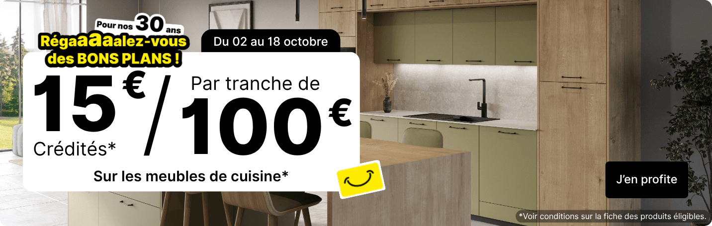 Op&eacute;ration "Souriez l'Entrep&ocirc;t f&ecirc;te ses 30 ans" sp&eacute;ciale cuisine du 2 au 18 octobre 2026 ! C&rsquo;est le moment de concr&eacute;tiser votre projet cuisine ! Tous les 100&euro; d&rsquo;achat, 15&euro; sont cr&eacute;dit&eacute;s sur votre carte de fid&eacute;lit&eacute; sur une s&eacute;lection de meubles de cuisine