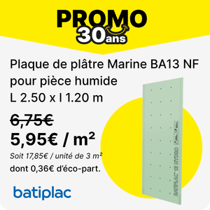Plaque de pl&acirc;tre Marine BA13 NF 2.50 x 1.20 m pour pi&egrave;ce humide BATIPLAC&reg;