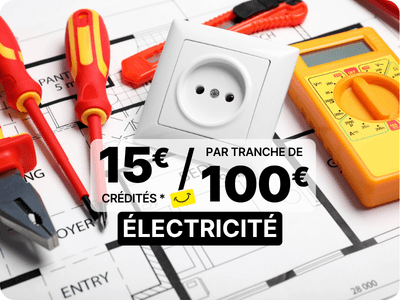 15 euros cr&eacute;dit&eacute;s tous les 100 euros d'achat sur une s&eacute;lection de grande marques d'&eacute;lectricit&eacute;