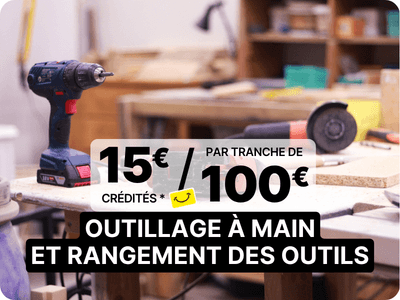 15 euros cr&eacute;dit&eacute;s tous les 100 euros d'achat sur une s&eacute;lection de grande marques d'outillage