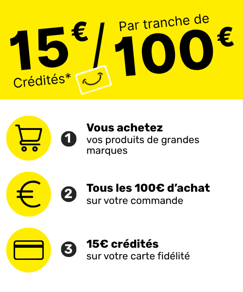 15 euros cr&eacute;dit&eacute;s tous les 100 euros d'achat 