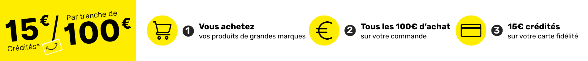 15 euros cr&eacute;dit&eacute;s tous les 100 euros d'achat 