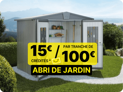 15 euros crédités tous les 100 euros d'achat sur une sélection de grande marques d'abri de jardin