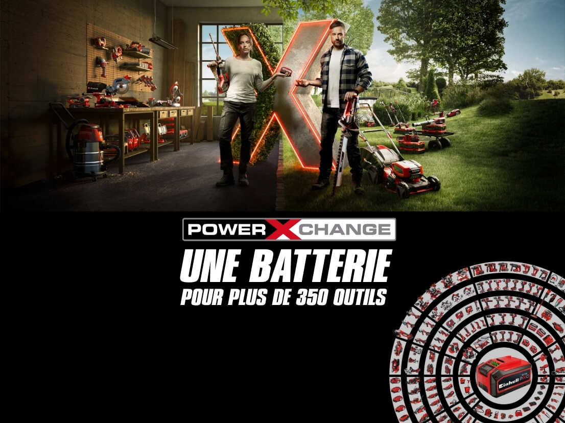 Bannière promotionnelle Einhell power x change une seule batterie pour tous vos outils