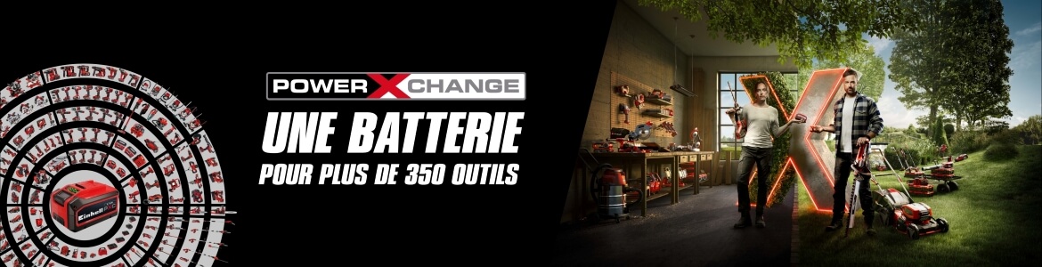 Bannière promotionnelle Einhell power x change une seule batterie pour tous vos outils