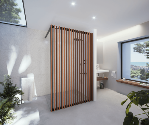 JAPANDI : Paroi de douche fixe verre clair traité 4 mm et claustra effet  bois – Batiproduits