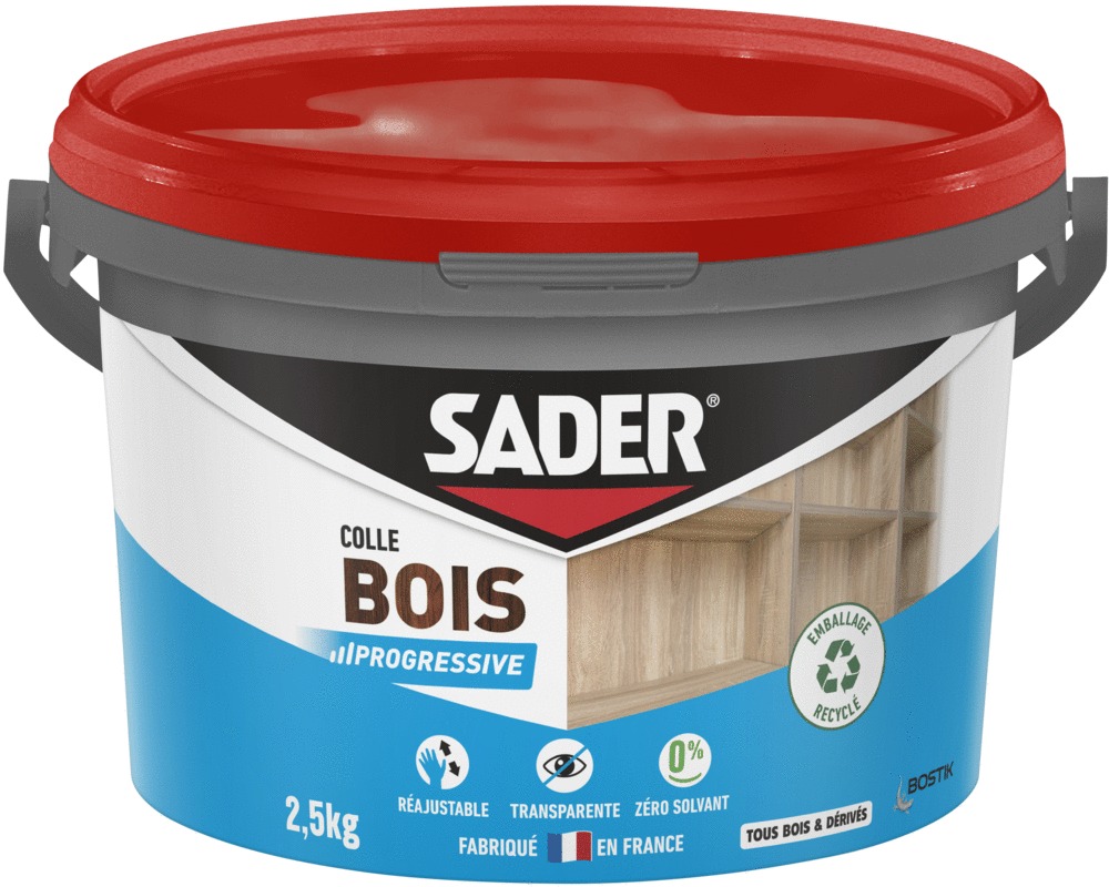 Sader Colle à Bois Prise Progressive – Colle Vinylique Bois Intérieur – Colle Forte Pour Tous Bois Et Dérivés –Transparente Après Séchage – Sans Solvant – Biberon De 100 G