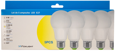 Lot de 5 ampoules LED standard, culot E27, consommation de 9W