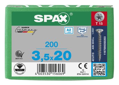 Vis inox tête fraisée T-star 3,5 x 20 mm par 200 SPAX