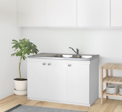 Meuble sous évier 3 portes 120 x 82 x 57 cm panneau de particules blanc - BCD