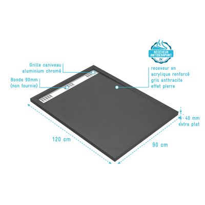 Receveur de douche 90x120 cm acrylique anthracite Pedra - AURLANE