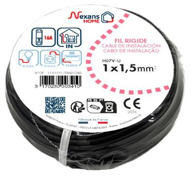 Fil électrique H07V-U 1,5 mm² rigide noir 10 m - NEXANS