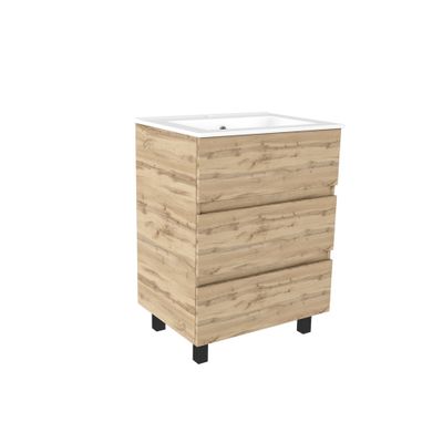 Meuble de salle de bains Timber 3 tiroirs L60 x H83 x P46 cm MDF chêne naturel + vasque céramique blanche - AURLANE