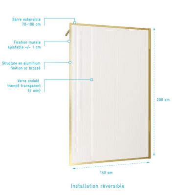 Paroi de douche à l'italienne 140x200 cm profilé or verre transparent 6 mm Golden Edge - AURLANE