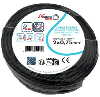 Câble électrique H03VVH2-F 2 x 0,75 mm² souple plat intérieur 25 m noir - NEXANS