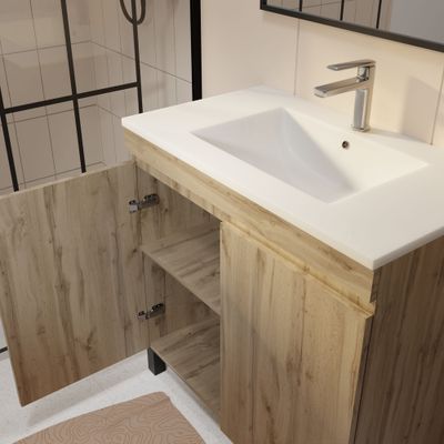 OP Meuble de salle de bains Timber 2 portes 80 x 83 x 46 cm MDF chêne naturel + vasque céramique blanche- AURLANE