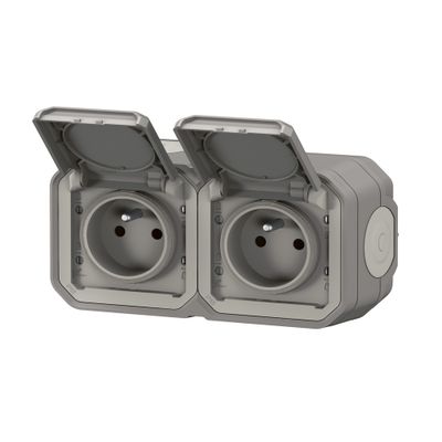 Double prise 2 pôles + terre horizontale saillie gris Plexo IP55 LEGRAND