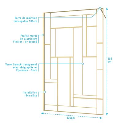 Paroi de douche à l'italienne 120x195 cm profilé or verre transparent 6 mm Art Deco - AURLANE