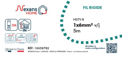Fil électrique H07V-R 6 mm² semi-rigide vert/jaune 5 m - NEXANS