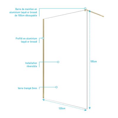 Paroi de douche à l'italienne 120x195 cm profilé or verre transparent 5 mm Essentiel Gold - AURLANE