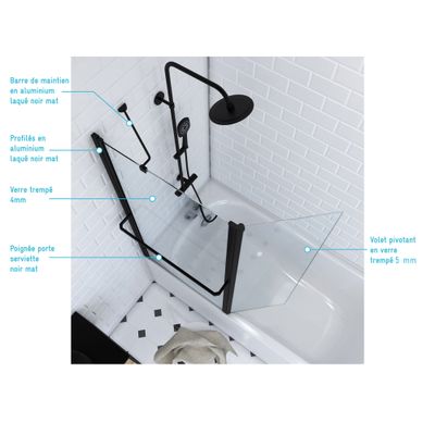 Pare-baignoire pivotant avec porte-serviette 130x105 cm profilé noir verre transparent Ibiza - AURLANE