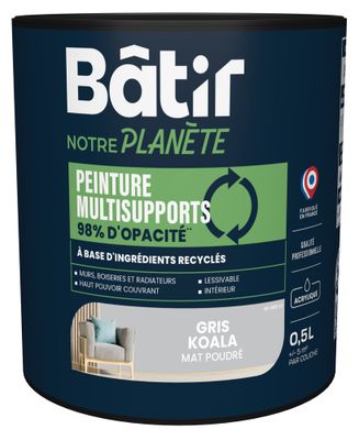 Peinture multi supports mat gris koala 0,5 L - BATIR NOTRE PLANETE