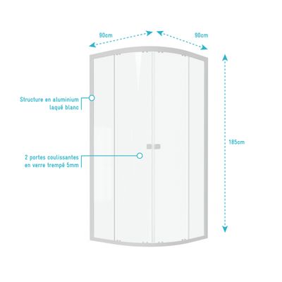 Accès d'angle coulissant 1/4 cercle 90x90x185 cm profilé blanc verre transparent 5 mm Spot - AURLANE