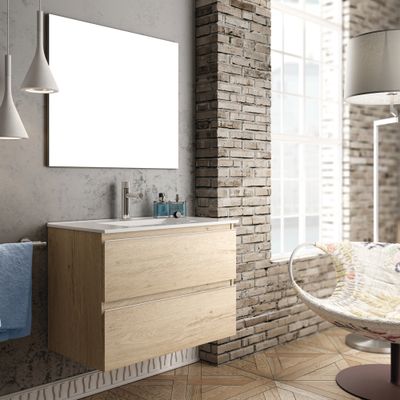 Meuble de salle de bains Inglet 80 x 61 x 45 cm 2 tiroirs bois mélaminé coloris bambou + vasque céramique - EGORE