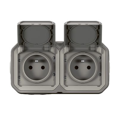 Double prise 2 pôles + terre horizontale saillie gris Plexo IP55 LEGRAND