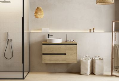 Caisson de salle de bains Thana 2 tiroirs 1 porte L100 x H55 x P45 cm panneau de particules chêne naturel
